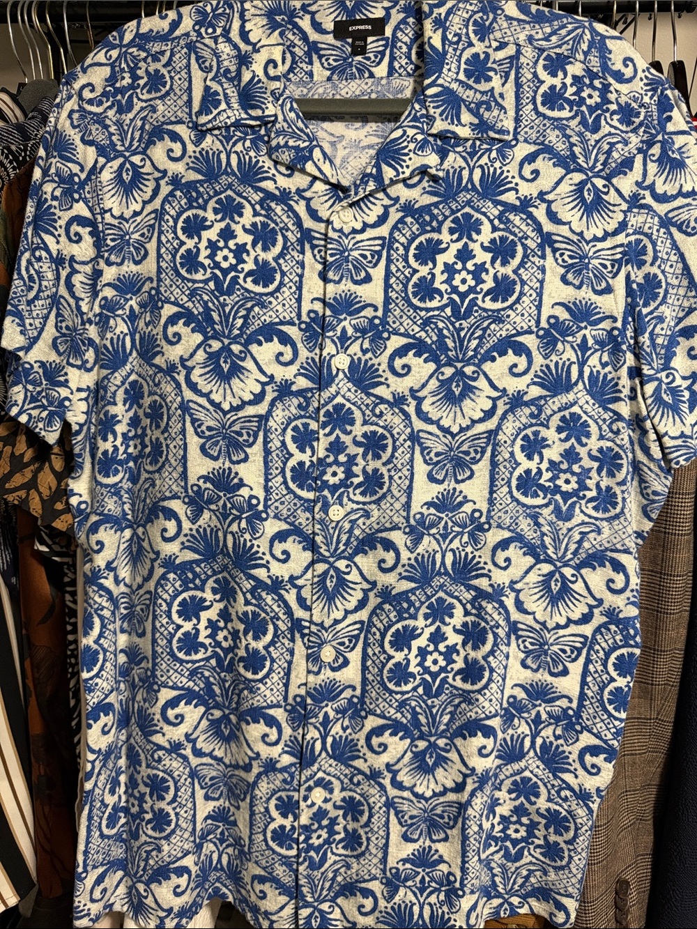 Express Blue and White Short Sleeve Button-Up Shirt